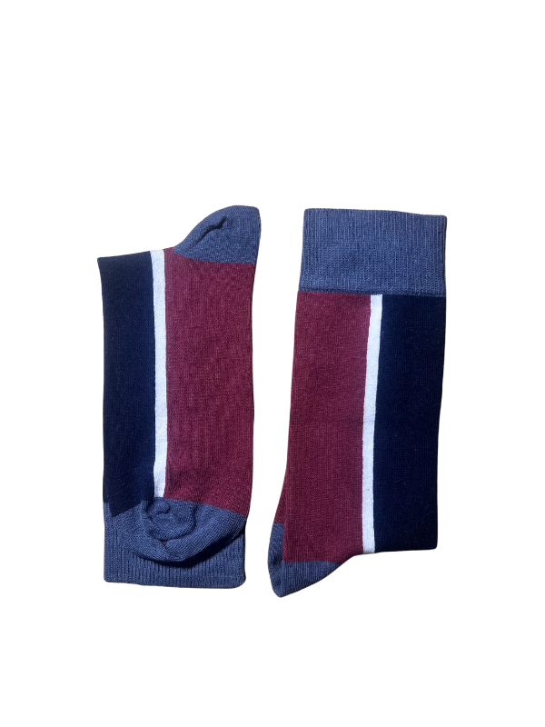 Burgundy-navy blue socks with white stripes