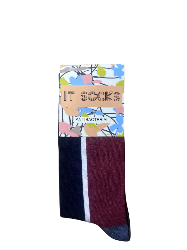Burgundy-navy blue socks with white stripes