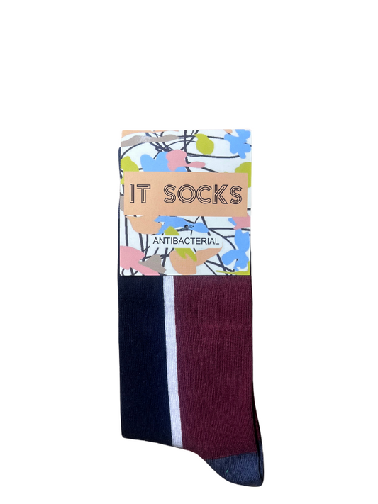 Burgundy-navy blue socks with white stripes