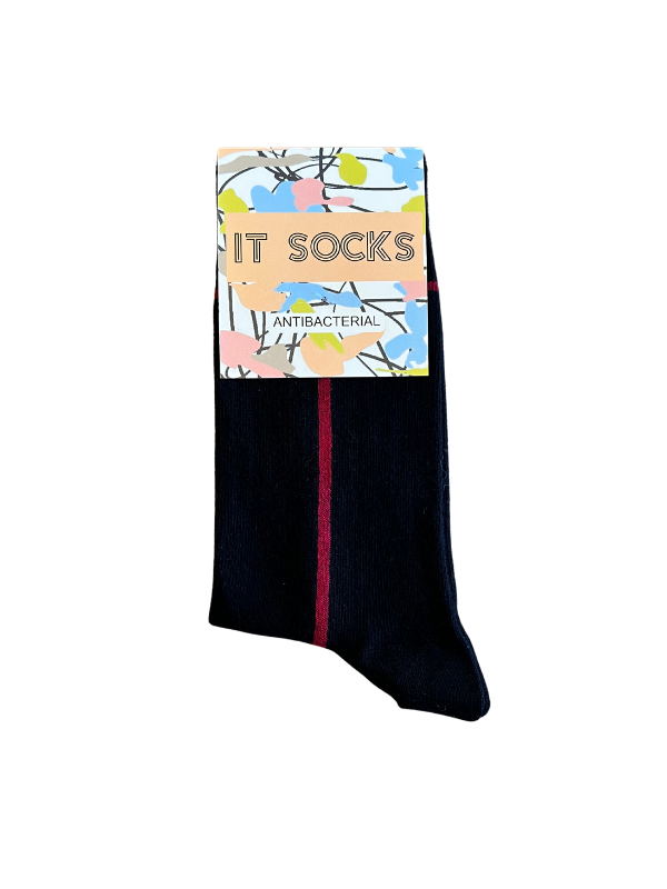 Black socks with red stripes