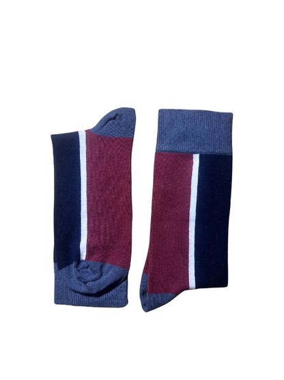 Burgundy-navy blue socks with white stripes